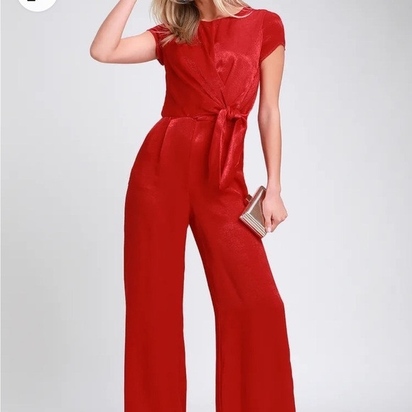 Lulu’s Let Me Entertain You Jumpsuit XS Red Satin Wide Leg - Picture 3 of 11